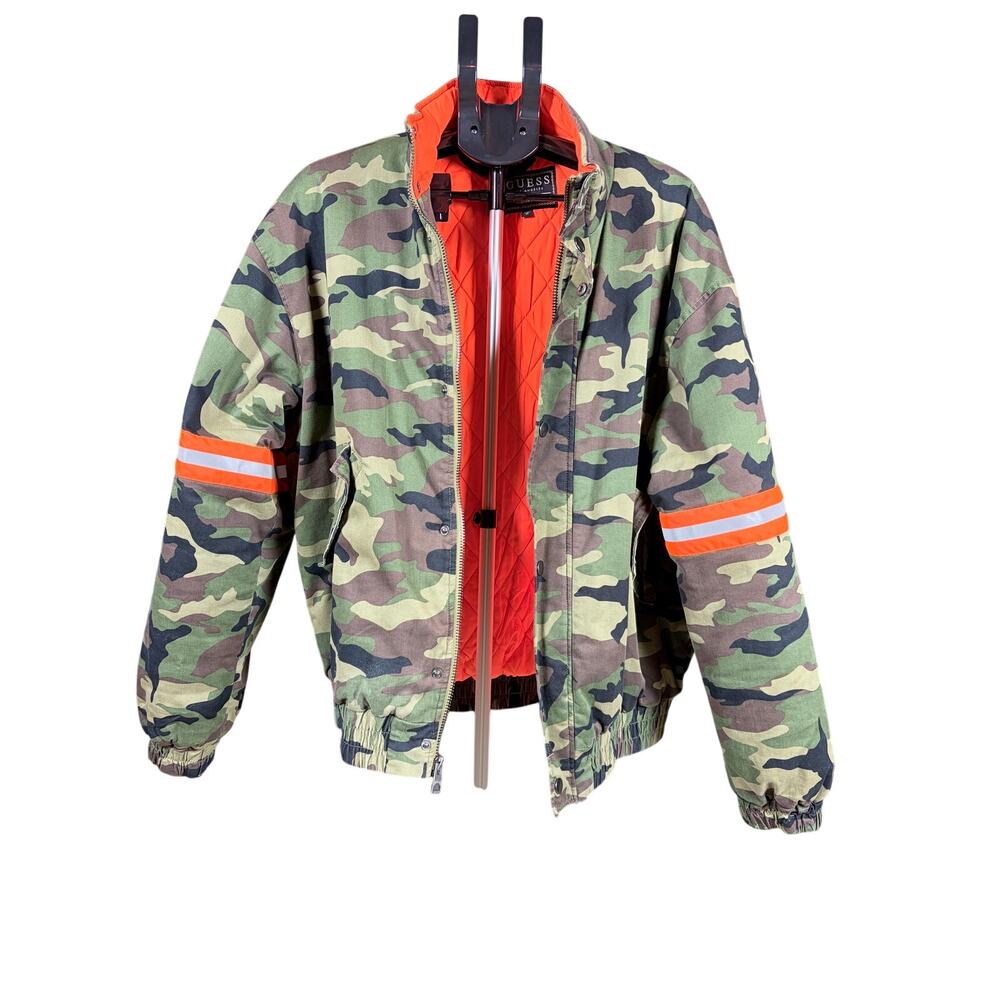 GUESS Men’s Camo Bomber Jacket Medium - Orange Lining Reflective Streetwear